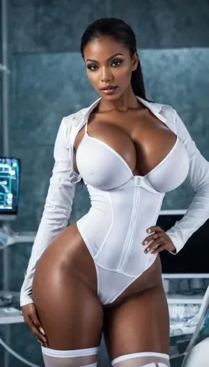 Une jeune femme avec un corps ébène électrique androïde brillant assis devant les infirmières, ses gros seins rebondissant alors qu'elle se penchait vers l'avant pour leur montrer la photo sur son téléphone. Elle avait un grand, beau sourire sur son visage comme elle l'a montré