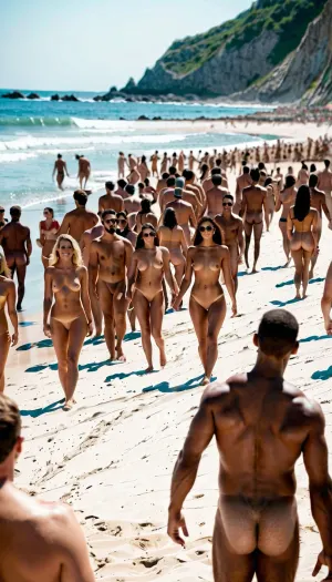 A nudist beach filled with people