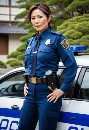 (japanese mature woman fully clothed wearing police uniform:1.39), 40 years old, brown hair, stretch marks and cellulite, big breasts, big ass, pain expression, on the hood of police patrol, fitness body, hospital, 8K photography, highest quality, masterpiece, HDR, detailed skin texture, insanely detailed photo