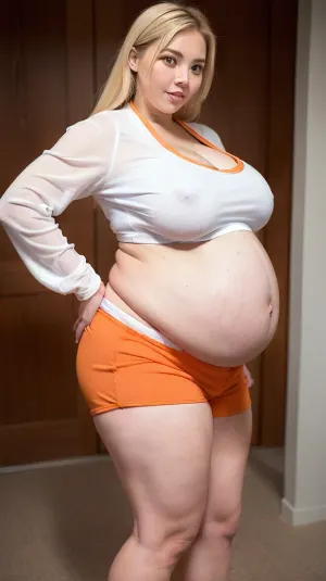 A IA gerou uma foto de uma mulher fortemente grávida com uma barriga extremamente chubby, seios falsos e quadris largos. Ela está usando um top de colheita que expõe seus seios grandes e tem pernas muito curtas. A foto está no estilo de um