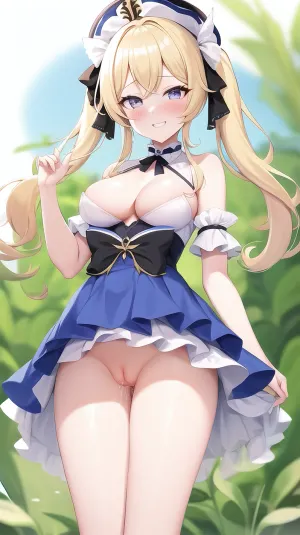 1girl absurdres anus barbara_, (genshin_impact), blonde hair, blue eyes, blush, breasts, breasts apart, collarbone, grin, hair ribbon, hat, highres, loli, looking at viewer, mini hat, navel, nipples, nude, parted lips, pussy, pussy juice, ribbon, rococo, smile, solo, spread legs, spread pussy, twintails, white hat, white ribbon, full visible body, <lora:masturbation_female:.5>