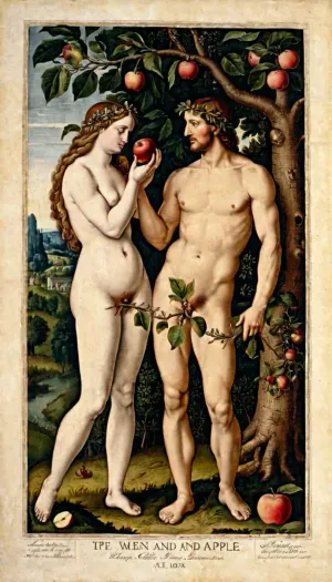 亚当和夏娃坐在花园里,享受他们劳动的果实,夏娃给了他一个苹果. 亚当受到禁果的诱惑,但他知道,如果他吃了一口,他就会永远与妻子捆绑在一起.  He