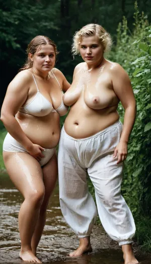 Una giovane donna nei suoi primi anni venti ha posto per una foto con il suo amico, che era anche giovane e attraente. Indossavano entrambe camicette bianche che si aggrappavano alle loro curve voluttuose, e i loro capelli erano bagnati dalla pioggia