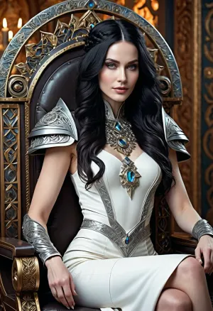 Helheim’in dünyasında, uzun siyah saç ve solü beyaz deri olan bir kadın tahtına oturdu, karmaşık kaotik deride süslendi. Gözleri karanlık ve enigmatikti, Magali Villeneuve güzelliğini yansıtıyordu