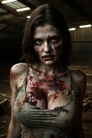 The AI generated text describes a hyper-realistic photo of a naked woman inside a cluttered barn wearing sexy worn-out torn cotton tanktop. The photo is detailed and realistic, with soft nipples covered by the cotton tanktop. The