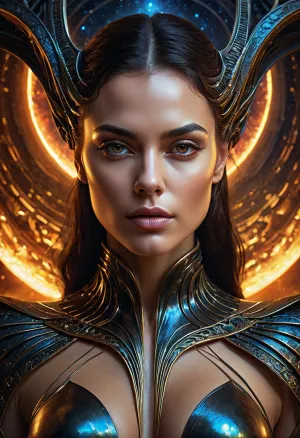 A mulher na imagem está mesmerizando, com seu cabelo dourado fluindo pelas costas e seu rosto brilhando com uma intensidade misteriosa. Ela está cercada por uma atmosfera escura e forte, como se tivesse sido apanhada no meio de alguns