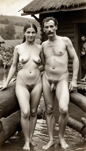 Una mujer en un pantalón blanco, usando una foto sefiya b sensiblew de 1890, estaba teniendo diversión erótica de alta calidad con un grupo de aldeanos liberados. La foto era muy realista y tenía detalles de alta calidad