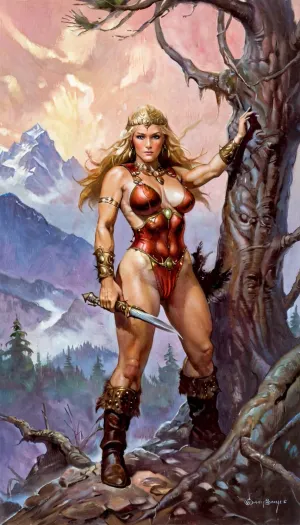 가죽 빨간 녹색 섹시한 장갑에서 키가 큰 통통한 여성은 그녀의 손에 무기를 보유하고 있습니다. 그녀는 높은 세부 사항과 epic 환상 배경을 가지고. 그녀의 일치하는 barbarian 부츠는 소나무로 만들어집니다. 보리스, Vallejo