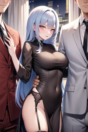 A 25-year-old woman with long curly hair and a slender figure wore a tight silver dress that showed off her curves and had a slit up the side. She walked through the hotel lobby with confidence, knowing she was being checked out by