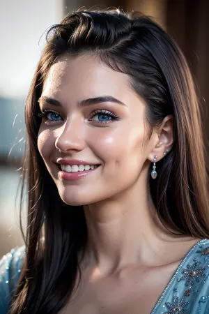 Un capolavoro fotorealistico AI-generato di una donna pelle leggera con occhi azzurri e capelli neri, indossando abbigliamento fotografico professionale, e mostrando la perfetta professionalità e perfezione