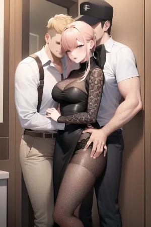 masterpiece, side view, ((((((guys)))))), ((((men)))), (((surrounded))), , ((((((clothes)))))), dress, top, shirt, sweater, blouse, (((threesome, gangbang, sex, double penetration))), blindfolded, tied, ((deceived)),  cutout, (sandwiched), sandwich, ((closely)), <lora:sandwiched_v1.1:1.2>, <lora:closely_threesome(mmf)_v1.0:.1>, pressed against, ((guys from both sides)), ((((guys press from two sides)))), ((hands on woman, guys pressed against the woman, guys touch woman)), ((toilet, restroom, indoors)), humiliation, voyeurism, exhibitionism, teasing, tease, indecency, domination, ((lift, tug, grub, touch)), ((woman, slutty)), ((tall, slutty, 25 years old woman)), bending, curly hair