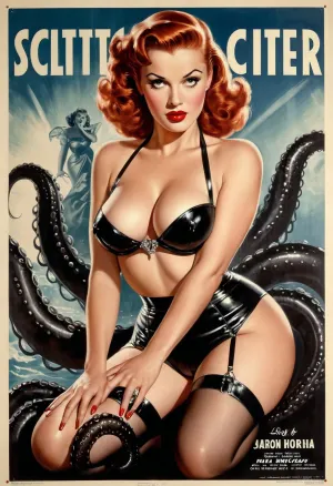 The poster is a masterpiece of 1950s porn pin up art, featuring a woman in the photorealistic style of Aaron Horkey and Max Mann's Pin Up in Movie Poster 1950s. The woman has big breasts and sits down with
