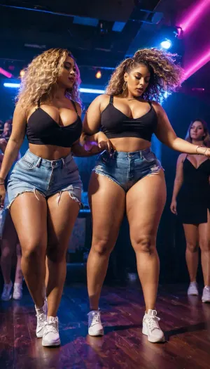 Une femme avec un gros seins et une chemise serrée, dansant dans la boîte de nuit avec deux femmes qui semblaient pouvoir tenir tout le club