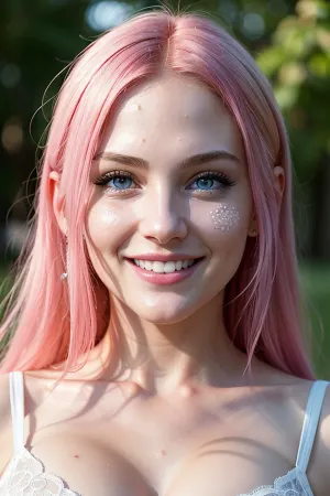 A professional photographer took a picture of a light skinned woman with bright blue eyes, big breasts, and pink hair. The photo was ultra-detailed and perfect in every way