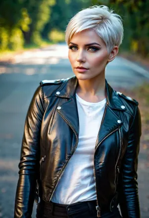 The girl with the pixie haircut and bright makeup was walking down the street, her leather jacket and leggings giving her a unique look. She had a picture of herself in mind, one that showed off her short white hair and pixie