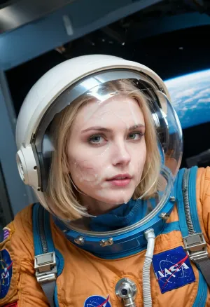 epic photo, epic light, very cute tall young 18 years old skinny white girl, solo girl, Blue eyes, very serious look, blond bob cut, (astronaut suit, full body space suit), (spacesuit large round helmet with transparent visor), space station, (a lot of cum on face:1.5), highly detailed face, <lora:JustCum:.5>, <lora:MS_Real_XL_Bukkake:.5>