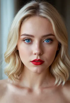 一个20岁的女孩,眼睛蓝,头发金发,妆色明亮,嘴唇红,下巴圆圆,在AI生成的色情图片中被描绘出来