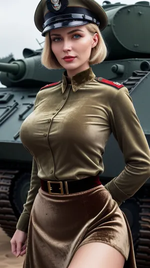 A Soviet woman in a high-quality 8K image wearing a pin-up style outfit with a huge hip and breasts, standing in front of a T-34 tank. The lighting is soft, but the details are visible, including her skin texture
