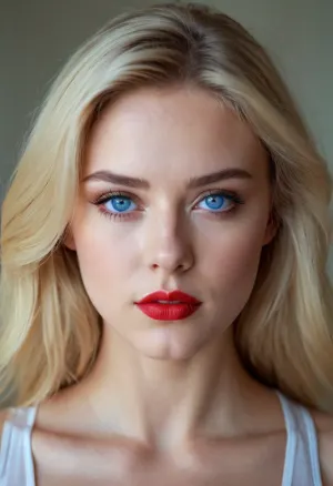 A stunning 20-year-old blonde with blue eyes, bright makeup, red lips, round chin and a look directly into the camera
