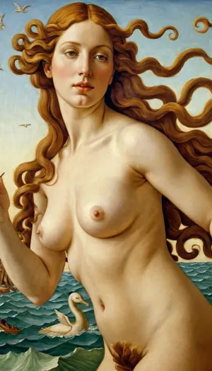 In the painting, a woman is depicted in the nude, standing in front of a beautiful landscape. She has long hair and is holding a paintbrush with her right hand. The background is painted with high resolution and detailed elaboration of details, including