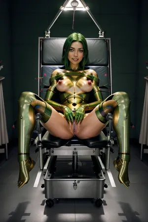 Alien girl, big green eyes, sexy smile, closed mouth, velvet gold skin, scales, light inside pussy, 3 breasts, long graceful arms and legs, solo, hospital, (operating room), hospital examination light, lie on back, (full body), (cunt), (legs spread), gyno, <lora:GynecologyBound0_0:1>, pillory, <lora:Concept-pilloryV2:.5>