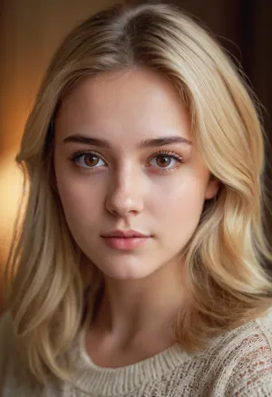 The girl with brown eyes, blonde hair, and a round chin was sitting in front of her computer. She was looking directly at the camera with a determined expression on her face. Suddenly, she stopped typing and looked up at the camera with a misc