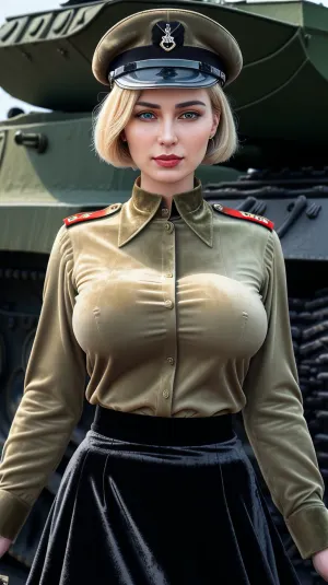 La mujer soviética en la foto es una verdadera belleza con su alta definición pelo de 8K y textura de la piel. Tiene una mirada profesional en su cara, que es perfecta para cualquier revista de moda de gama alta. Sus enormes caderas son enfatizadas por el pin-