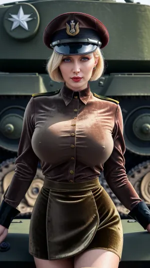 फोटो में सोवियत महिला एक उच्च कॉलर और बड़े स्तनों के साथ एक सुंदर पिन-अप शैली पोशाक पहन रही है। उसके पास सही त्वचा, पूर्ण होंठ और काले बाल हैं जो उसके चेहरे के चारों ओर पूरी तरह से गिरते हैं। उसकी आंखें तीव्र और कैमरे पर केंद्रित हैं