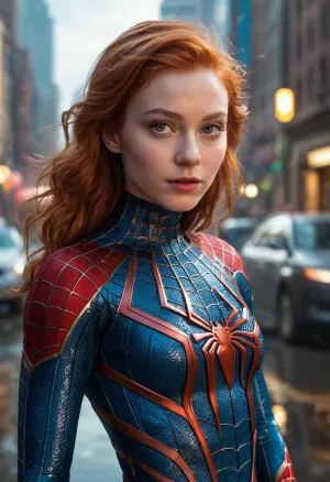 这女人站在一幅高品质的全体肖像的前面,这幅肖像是一幅外星主题的全体特写肖像,描绘的是小蜘蛛女郎. 她的皮肤光滑明亮,脸颊上有粉红色的提示. 她的双眼