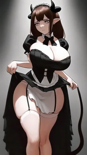 The maid's outfit was revealing and sexy, with a black-colored mini skirt that hugged her hips and a white-colored layered pleated mini skirt that showed off her toned legs. Her breasts were not visible due to the weighty breasts and