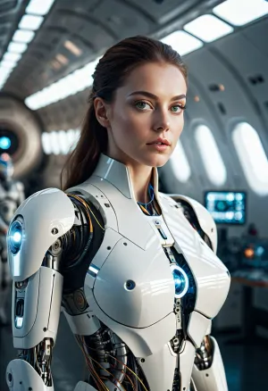 Фотография - потрясающий ИИ-генерированный портрет красивой женщины с сложным космическим прошлым. Фото было сделано с помощью камеры Sony Alpha 1, которая имеет невероятную 85-миллиметровую линзу, которая захватывает невероятные детали в экстремальных длинных съемках. Эта фотография