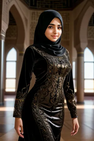 The AI generated photo shows a beautiful Arab girl with high detail skin, full length photo, and 18 years old. She has big brown eyes, pretty hair, tight slim dress with high quality details. Her skin pores are highly detailed and her seduct