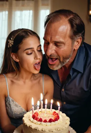The father brought a cake to his daughter's 20th birthday party, causing her to giggle and blush as he licked the icing off her cheek