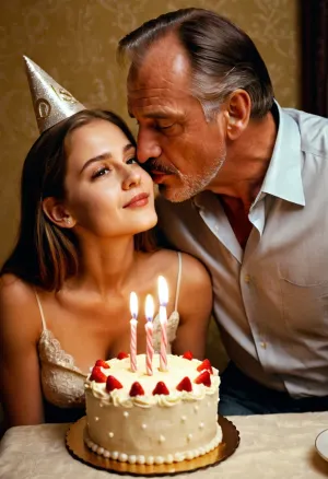 Le père apporte un gâteau à la fête d'anniversaire de sa fille, et elle est ravie. Il sort ensuite une photo d'elle enfant et embrasse sa joue, la faisant rougir. La fête continue avec tout le monde