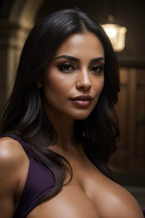 A Latina fitness model with massive breasts and dark tan skin is in a medieval room with high quality photo-realistic AI, generating high definition cinematic lighting and motion blur. She's squeezing her enormous breasts together and moaning softly, generating detailed
