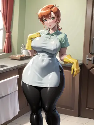 Dexter's mom was a beautiful woman with long, flowing hair and piercing blue eyes. She wore a latex outfit that hugged her curves perfectly, accentuating her large breasts and toned arms. Her makeup was flawless, highlighting her natural beauty. She