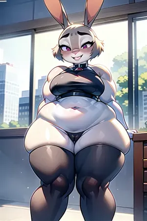 Judy, a woman with a furry bunny picture on her profile, poses seductively in front of the camera with luscious hair and wide hips. Her lips are perfectly shaped and her eyes seem to be looking directly at the camera