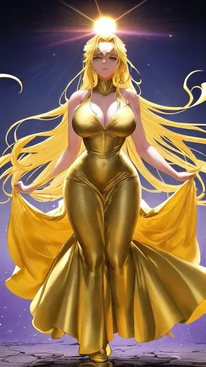 Sol was unable to comprehend the beauty of the woman in front of him, and his thoughts became erratic. He couldn't stop himself from staring at her golden dress, which seemed to be made of gold itself. The skirt of the dress was so