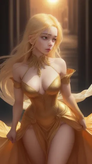 Sol was captivated by the woman's golden dress, which seemed to be made of the sun itself. Her features were too perfect to be human, and her form-fitting golden dresses hugged her curves like a furnace. Sol realized that looking at this