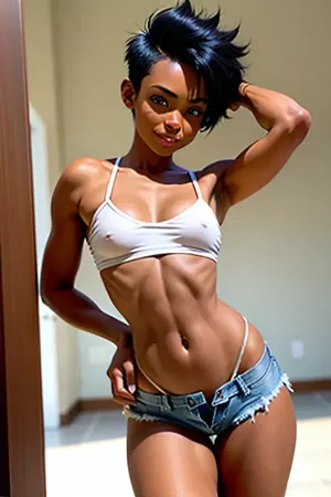 The tanned black tomboy with medium breasts had a big smile on her face as she walked into the room, wearing a white micro top that showed off her nipples and micro thong. Her short-cut pixie cut hair was perfect