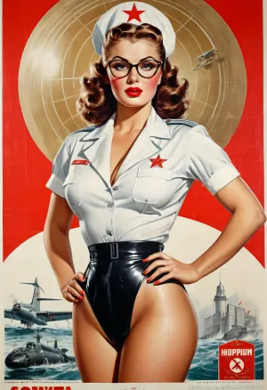 Ein atemberaubendes 1950er Jahre Pinup-Foto eines Modells mit einem großen Arsch und engen rasierten Muschi, tragen Armee Uniform und posieren verführerisch für die Kamera