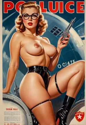 Una ilustración impresionante de una mujer en un bikini con medias en su pierna, capturada con caligrafía acrílica, técnicas de acuarela y fotorealismo. El póster cuenta con una ilustración de una mujer en blanco y negro, con patas altas que son