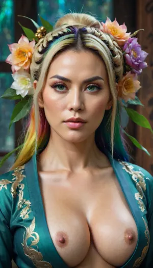 A stunning portrait of a Japanese woman with high cheekbones, full lips, and a sharp jawline painted by an AI using the latest technology available at the time of its creation. The photo was taken by an experienced photographer who used watercolor paints to