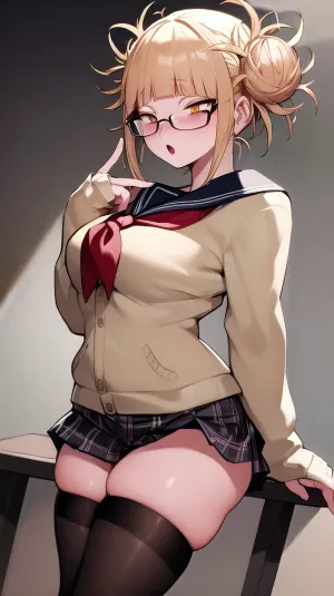 Toga Himiko는 큰 breasts, black plaid 스커트, 흰색 스타킹 및 자연 가슴과 고품질의 AI-generated 소녀에 의해 감탄했습니다. 그녀 was surprised 에 보고 나체상 검정 둥근 안경 소녀 와 tattoo 에 그녀의 braless 둥근