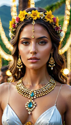 La femme était une déesse, avec son teint doré et de belles caractéristiques. Elle portait les guirlandes de pierres précieuses et de fleurs qui ornaient sa tête, la faisant ressembler à une déesse elle-même. Ses yeux étaient lumineux et pleins de vie, et elle