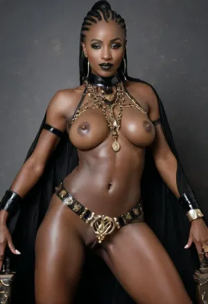 A-cup Queen" es un retrato fotorrealista de una reina guerrero Nubian con piel oscura, estatura alta y cuerpo curvaceo. Lleva joyas de oro y piedras preciosas, incluyendo un collar opulento con múltiples cadenas. Ella