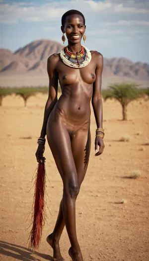 Das traditionelle Outfit und das verführerische Lächeln des Masai Stammes Braut fesselte alle auf dem Feld, als sie ihr komplettes Körperbild vorstellte