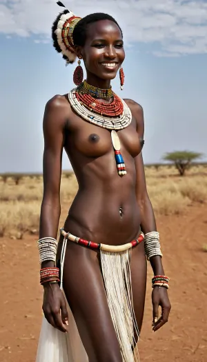 The African Masai tribe bride stood tall and full-bodied, her nude body adorned with traditional accessories. She smiled seductively as she approached the tribal warriors, who feasted on the rich food of the desert and danced to