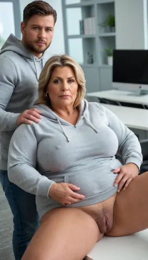 La mujer, en sus años sesenta, era la cabeza de la compañía Oriflame. Tenía un cuerpo de plomero y llevaba una sudadera gris. Ella estaba haciendo el amor a dos hombres en el trabajo en su oficina mientras mostraba sus enormes tetas