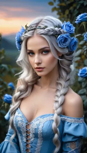 A woman with blue flowers in her hair and a porcelain looking skin stood in front of a fantasy night flower garden, showcasing her beauty from every angle